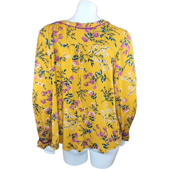 Kori American Womens Medium Gold Floral Print Button Up Blouse Balloon Sleeves - Picture 8 of 13